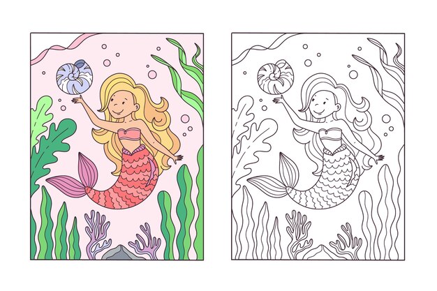 Ilustración de libro para colorear de sirena dibujada a mano