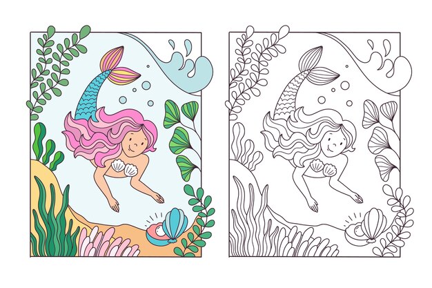 Ilustración de libro para colorear de sirena dibujada a mano
