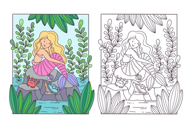 Ilustración de libro para colorear de sirena dibujada a mano