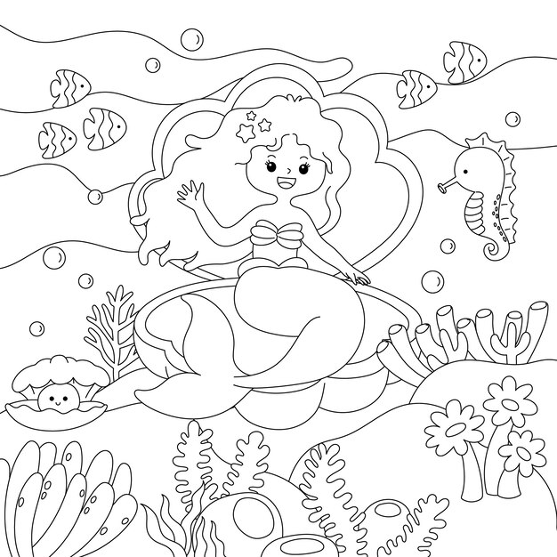 Ilustración de libro para colorear de sirena dibujada a mano