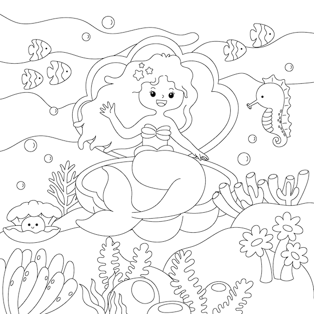 Ilustración de libro para colorear de sirena dibujada a mano