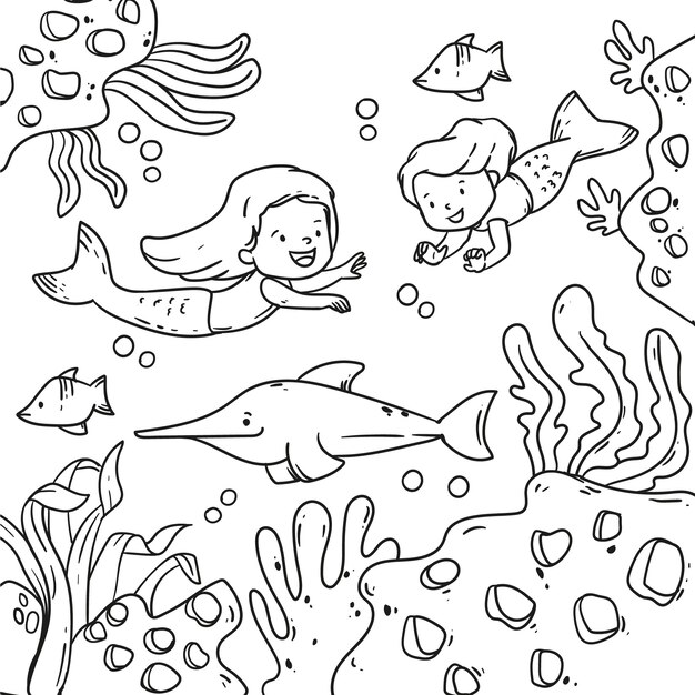 Ilustración de libro para colorear de sirena dibujada a mano