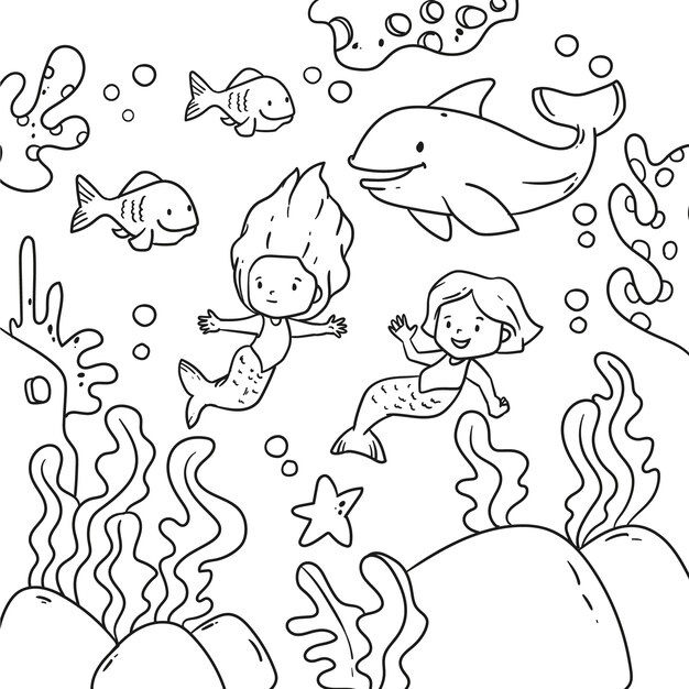 Ilustración de libro para colorear de sirena dibujada a mano