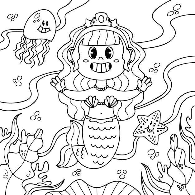 Ilustración de libro para colorear de sirena dibujada a mano