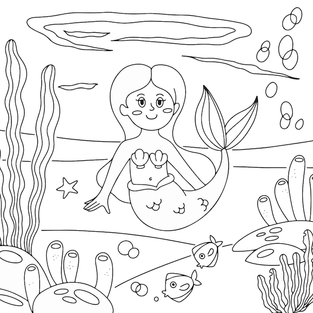 Ilustración de libro para colorear de sirena dibujada a mano