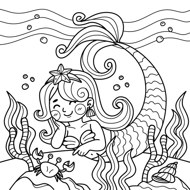 Ilustración de libro para colorear de sirena dibujada a mano