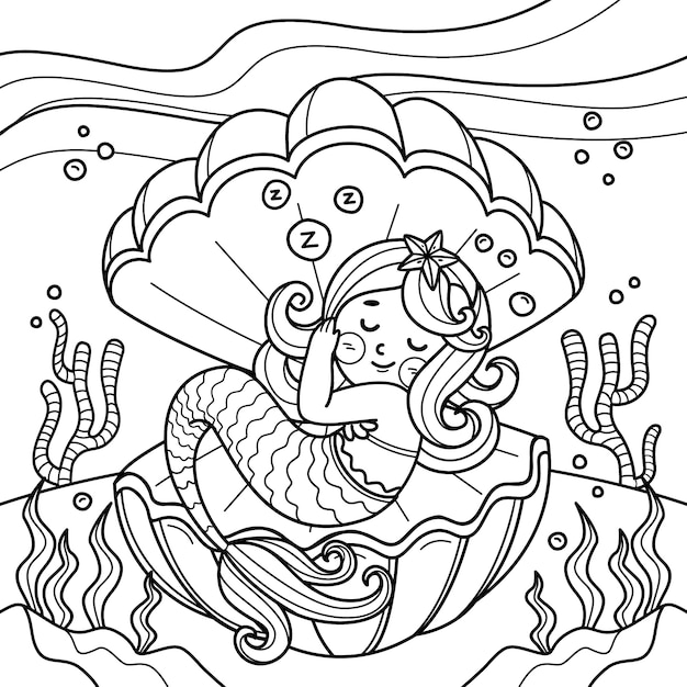 Ilustración de libro para colorear de sirena dibujada a mano