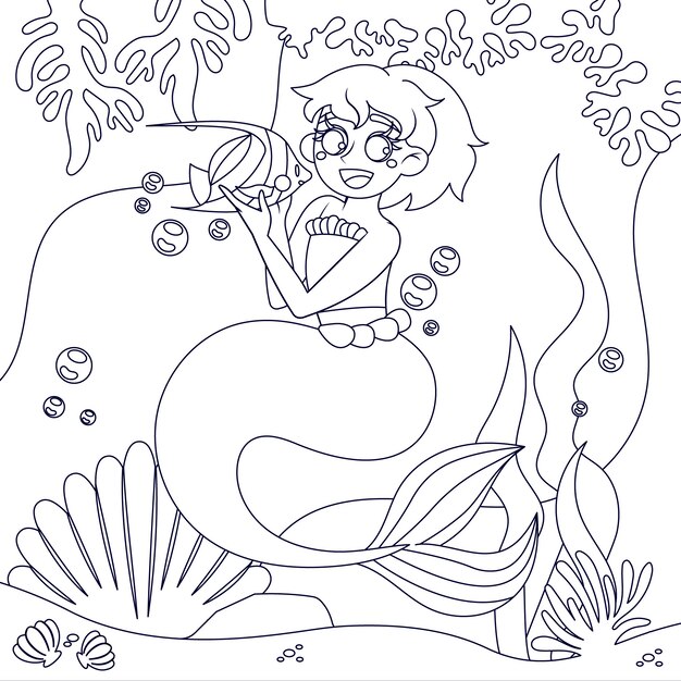 Ilustración de libro para colorear de sirena dibujada a mano