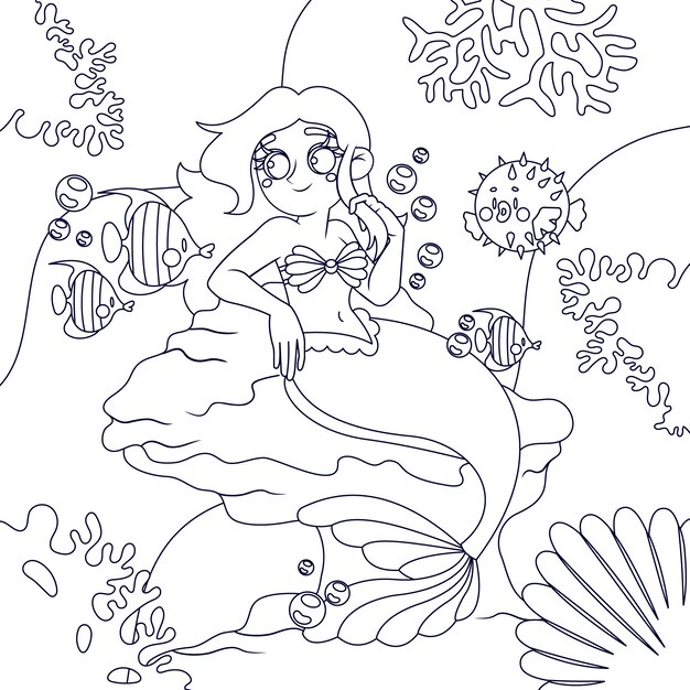 Ilustración de libro para colorear de sirena dibujada a mano