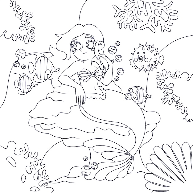 Ilustración de libro para colorear de sirena dibujada a mano
