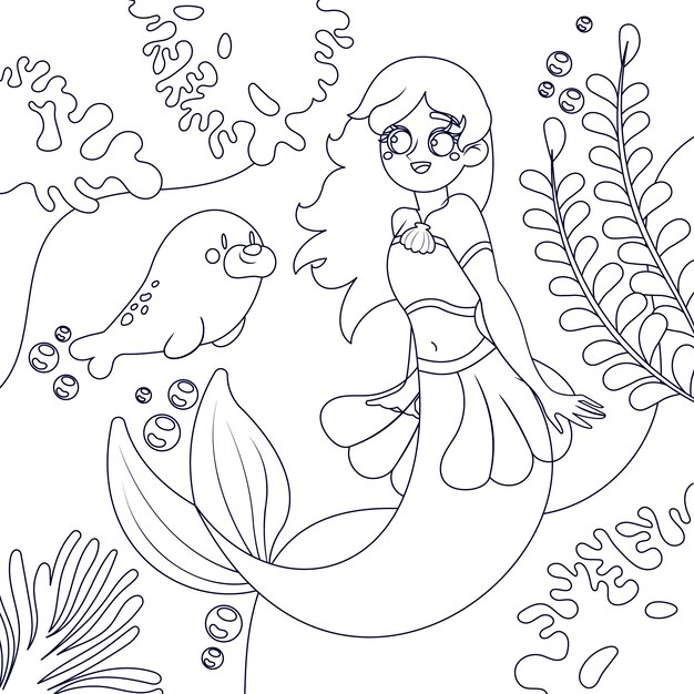 Ilustración de libro para colorear de sirena dibujada a mano