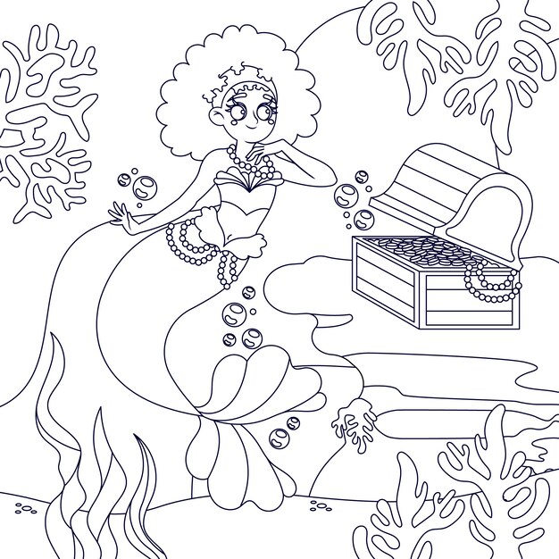 Ilustración de libro para colorear de sirena dibujada a mano