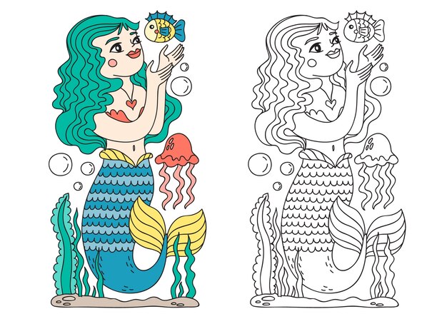 Ilustración de libro para colorear de sirena dibujada a mano
