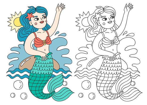 Ilustración de libro para colorear de sirena dibujada a mano