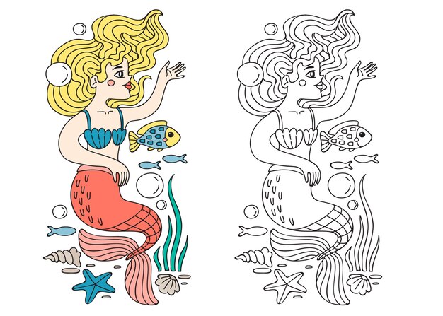 Ilustración de libro para colorear de sirena dibujada a mano