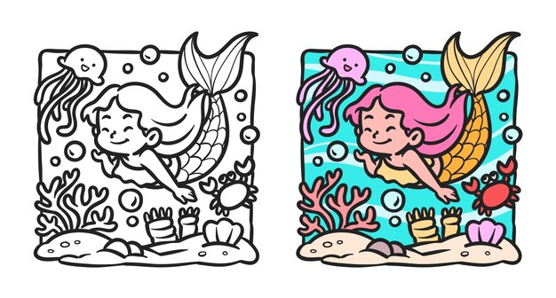 Ilustración de libro para colorear de sirena dibujada a mano
