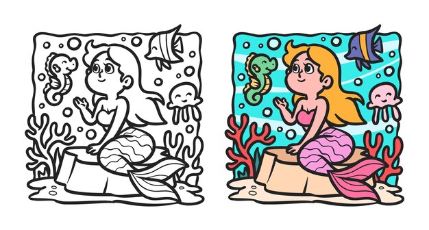 Ilustración de libro para colorear de sirena dibujada a mano