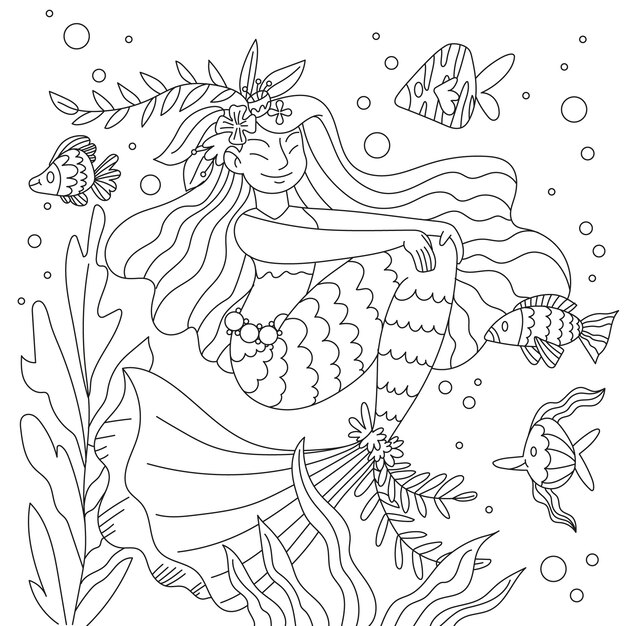 Ilustración de libro para colorear de sirena dibujada a mano