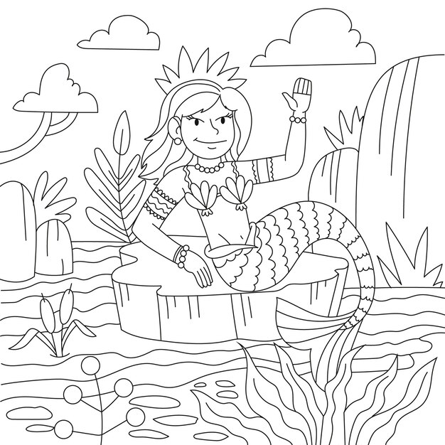 Ilustración de libro para colorear de sirena dibujada a mano