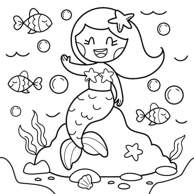 Ilustración de libro para colorear de sirena dibujada a mano