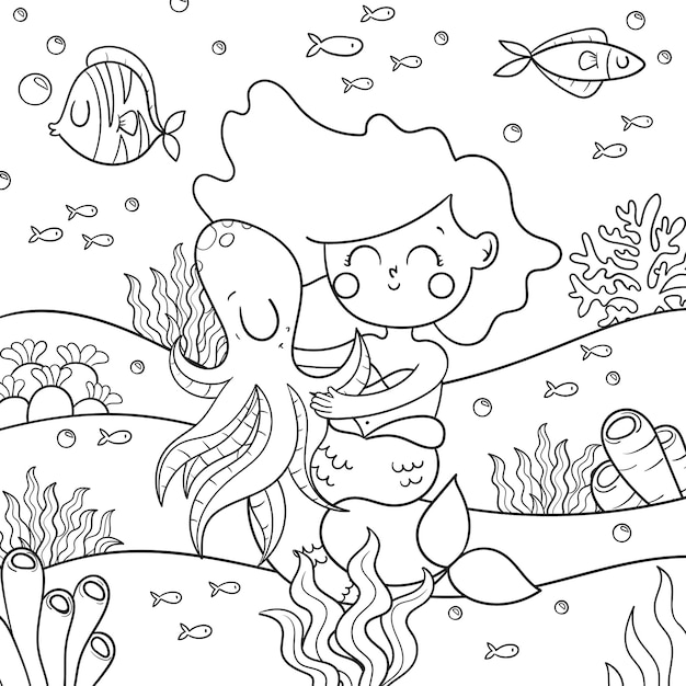 Ilustración de libro para colorear de sirena dibujada a mano