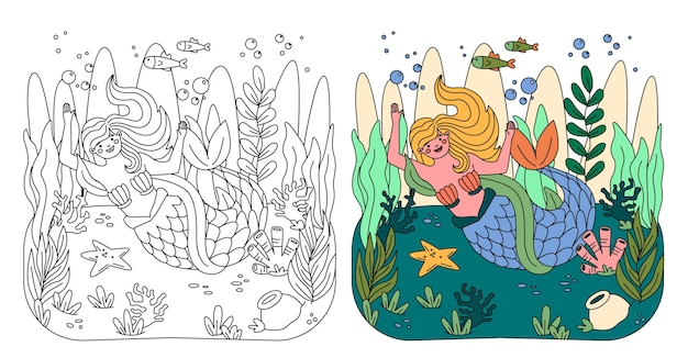 Ilustración de libro para colorear de sirena dibujada a mano