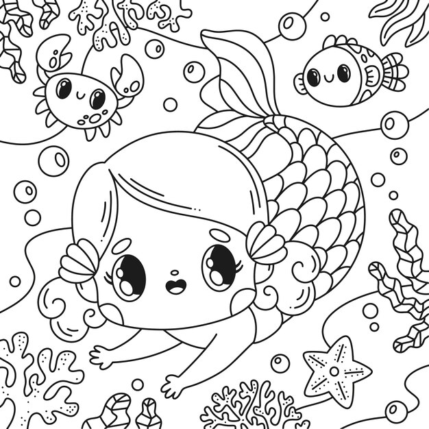 Ilustración de libro para colorear de sirena dibujada a mano