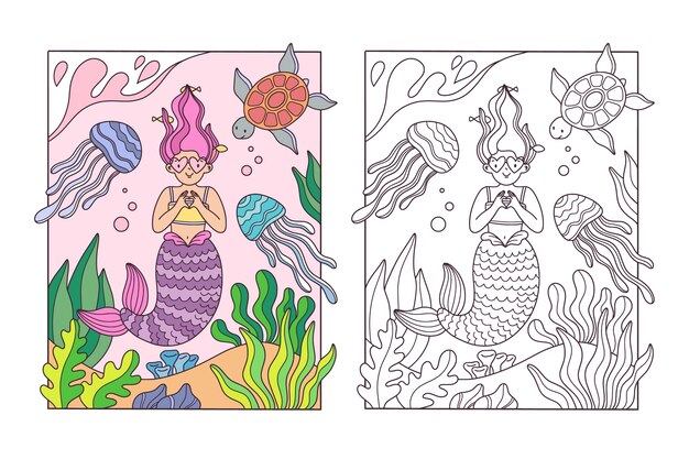 Ilustración de libro para colorear de sirena dibujada a mano