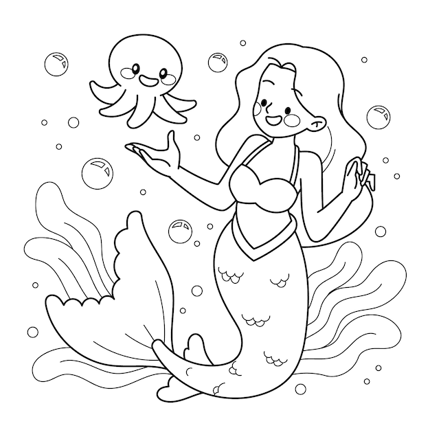 Ilustración de libro para colorear de sirena