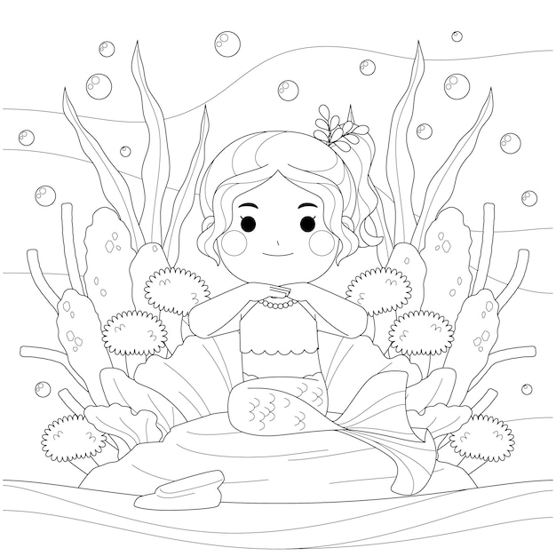 Ilustración de libro para colorear de sirena