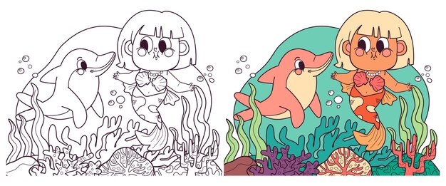 Ilustración de libro para colorear de sirena