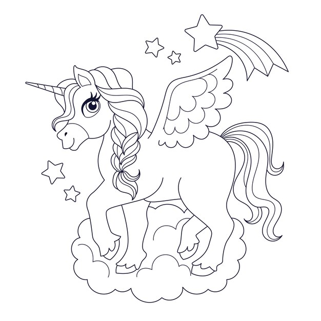 Ilustración de libro para colorear de unicornio dibujado a mano