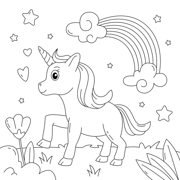 Ilustración de libro para colorear de unicornio dibujado a mano