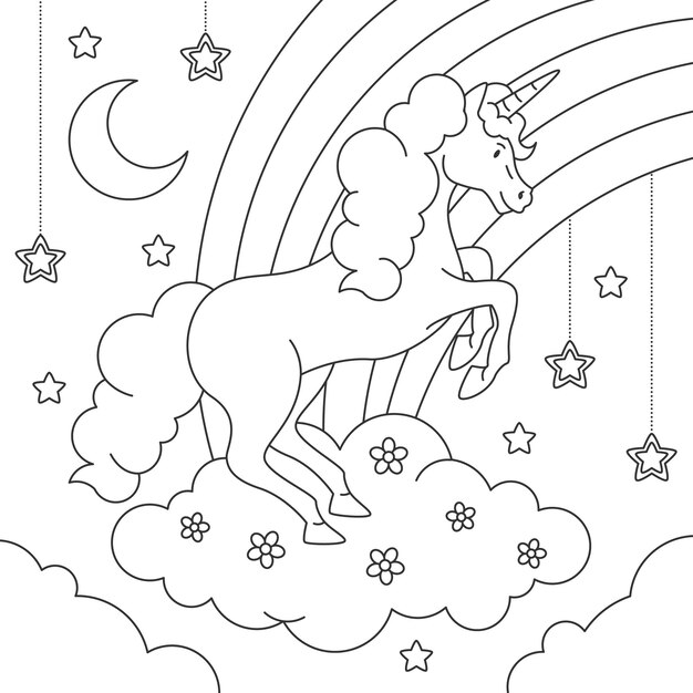Ilustración de libro para colorear de unicornio dibujado a mano