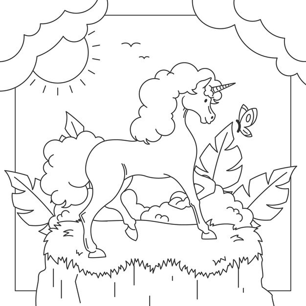 Ilustración de libro para colorear de unicornio dibujado a mano