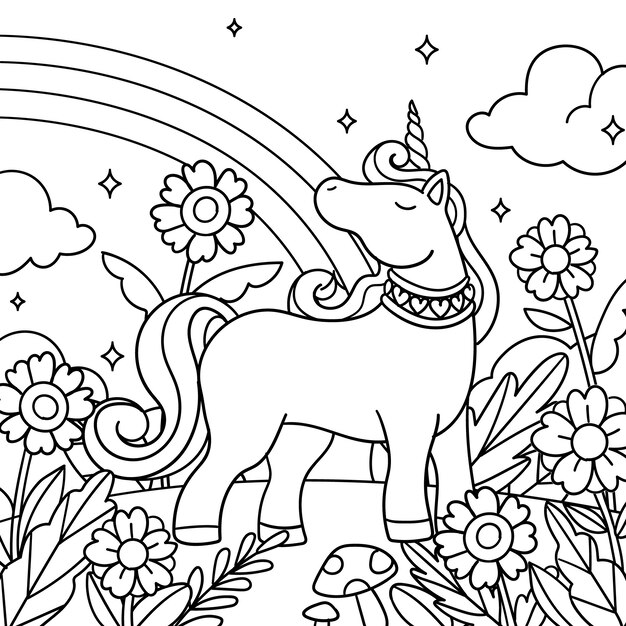 Ilustración de libro para colorear de unicornio dibujado a mano