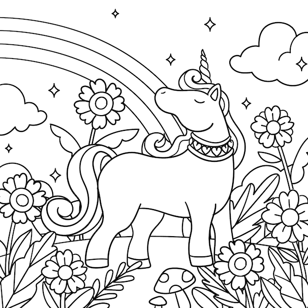 Ilustración de libro para colorear de unicornio dibujado a mano
