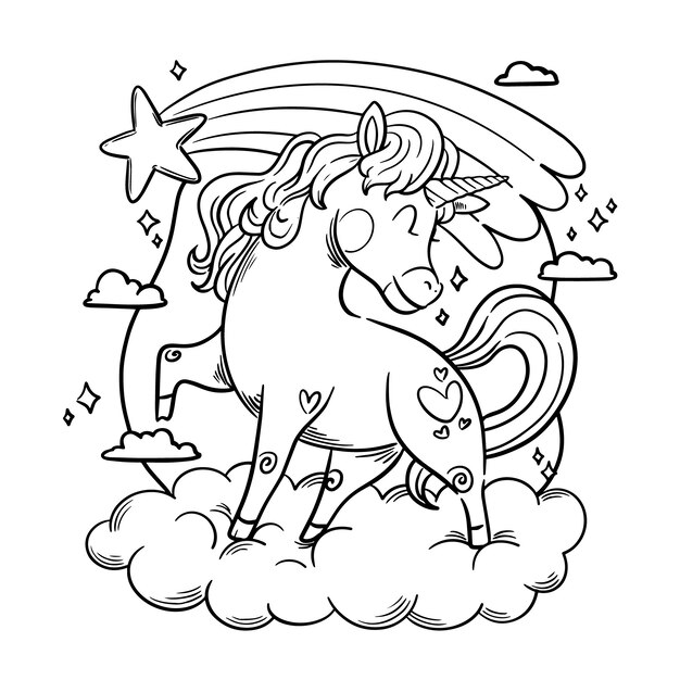 Ilustración de un libro de colorear de unicornio dibujado a mano