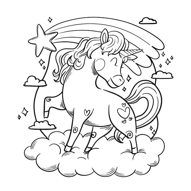 Ilustración de libro para colorear de unicornio dibujado a mano