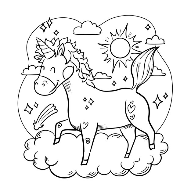 Ilustración de libro para colorear de unicornio dibujado a mano