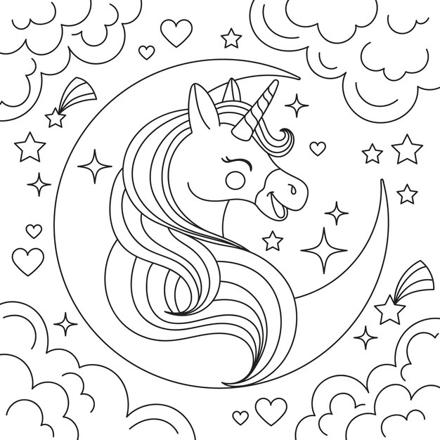 Ilustración de un libro de colorear de unicornio dibujado a mano
