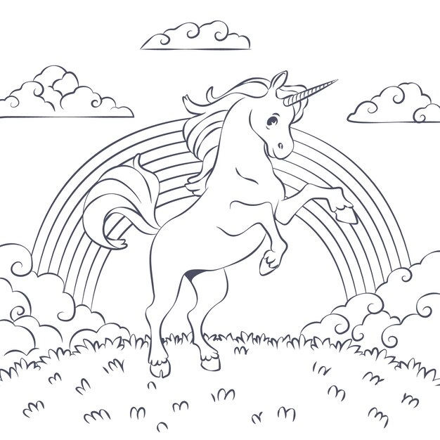 Ilustración de un libro de colorear de unicornio dibujado a mano