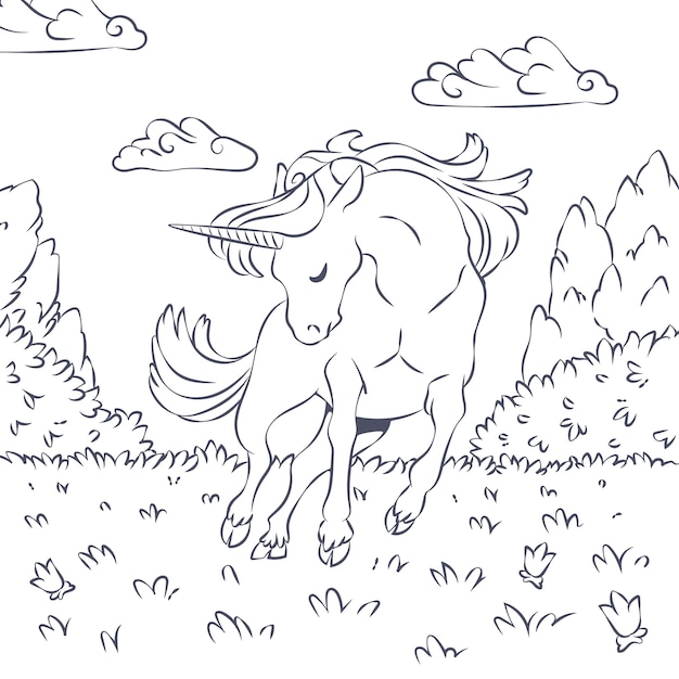 Ilustración de un libro de colorear de unicornio dibujado a mano