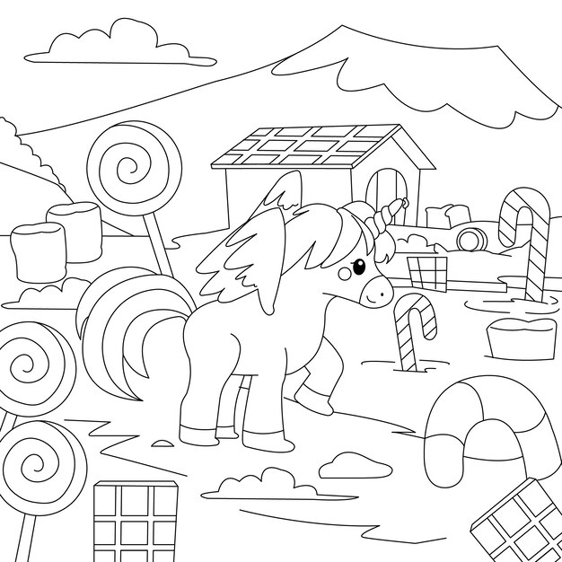 Ilustración de libro para colorear de unicornio dibujado a mano