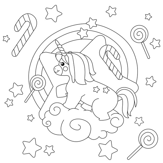 Ilustración de libro para colorear de unicornio dibujado a mano