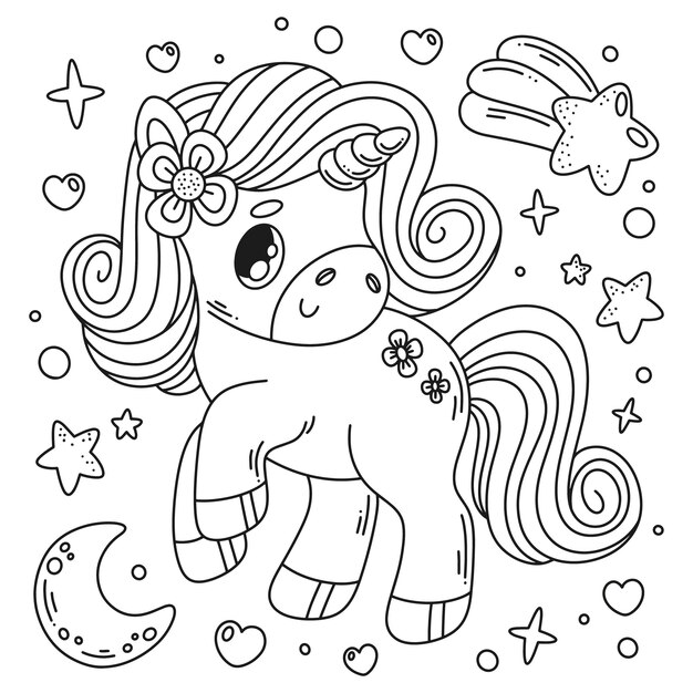 Ilustración de libro para colorear de unicornio dibujado a mano