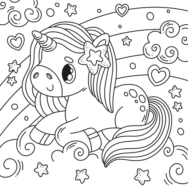 Ilustración de libro para colorear de unicornio dibujado a mano