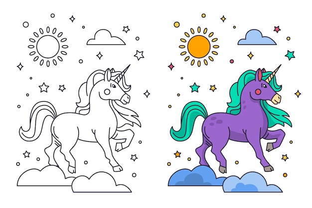 Ilustración de un libro de colorear de unicornio dibujado a mano