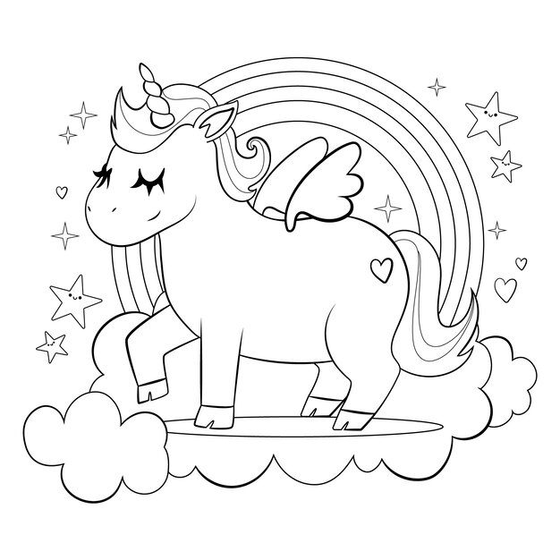 Ilustración de un libro de colorear de unicornio dibujado a mano