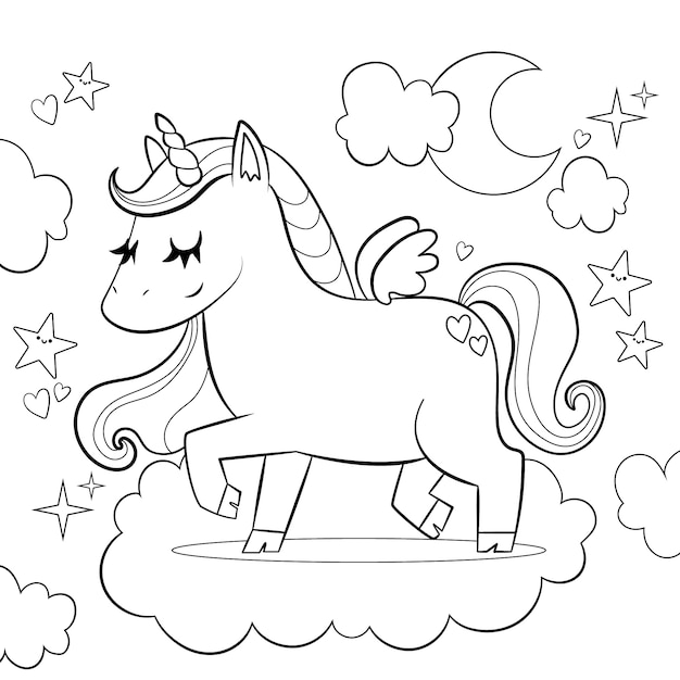 Ilustración de libro para colorear de unicornio dibujado a mano